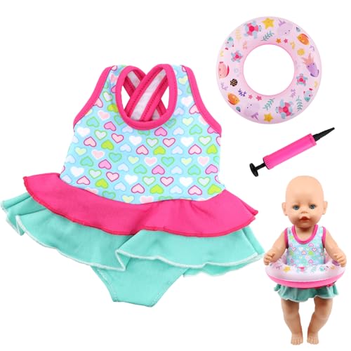 Schwimmset für Puppen Liebemotiven, Puppenkleidung Sommer, Puppen Kleidung Outfits für 35-45cm Baby Puppen 3teilig Puppen Badeanzug Set mit Schwimmring Geschenke für Mädchen Jungen Kinder von Homeinmind