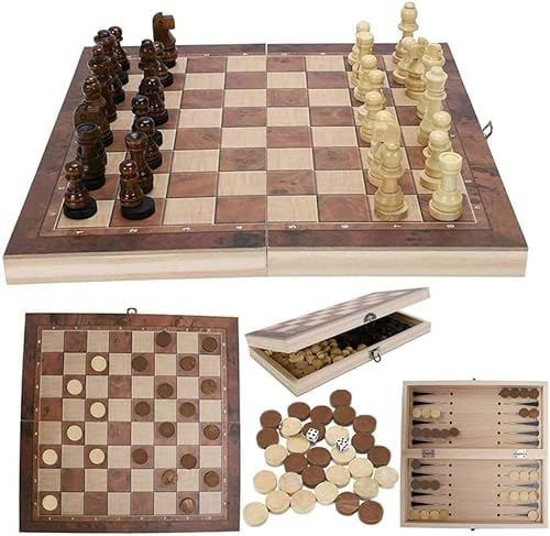 3 in 1 Schach und Dame Spiel aus Holz - 29x29CM Klappbar Schachbrett Magnetisch Handgefertigt Schach mit groß Schachfiguren Spielzeug und Geschenk für Kinder von Homemari