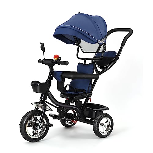 Homewell Dreirad mit Schubstange, Laufrad ab 1 Jahre, Kinderdreirad Kombiniert Trolley und Ride Funktionen, mit Faltbar, Abnehmbar Sonnendach und Pedal für Kinder unterschiedlichen Alters (01, Blau) von Homewell