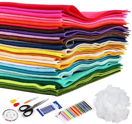 Homewit 30 Farben Filzstoff Super Weich, 40 * 30cm Bastelfilz Farbig Filz Blätter, Kinder Vliesstoff Stoff Filzplatten, Polyester Felt Fabric Filzplatten Mit 7pcs Nähzubehör und 50g Füllmaterial von Homewit