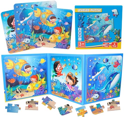 Homewit Puzzles ab 3, 3 IN 1 Magnetische Puzzles Buch, 20-25-30 Teile Puzzle Kinder mit Unterwasserwelt-Thema, Magnetspiel Beschäftigung im Flugzeug Autofahrt, Geschenk für Kinder von Homewit
