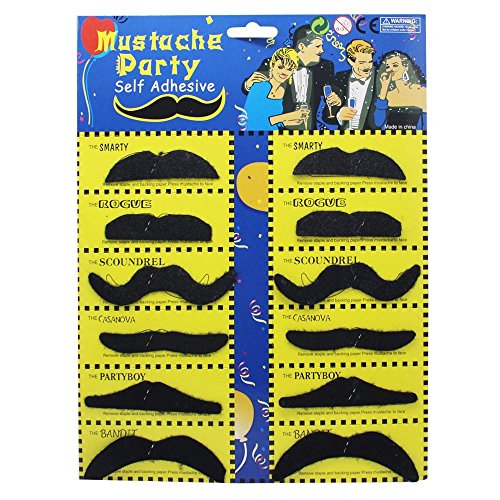 Pack of 12 Adhesive Assorted Black Moustaches Fancy Dress Costume Accessory von Toyland