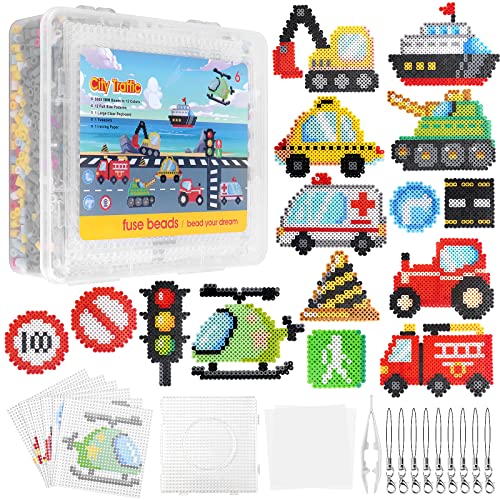 Homgaty 5000 Bügelperlen Vehicles Set, Steckperlen 5 mm Perlen mit Steckplatte, 18 Muster, Bügelpapier, Anhänger und Zubehör zum Basteln Handwerk für Kinder Geschenk (Vehicles, 5mm) von Homgaty