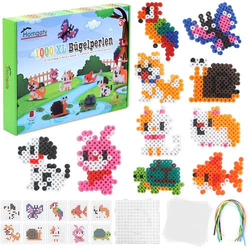 Homgaty Große 10mm Bügelperlen Set, 1000 Stück XL Steckperlen mit Platten, 10 Tiere Muster und Bügelpapier, 10 Bunte Farben XL Bügelperlen, Kreatives Perlenset für Kinder ab 3 Jahren von Homgaty