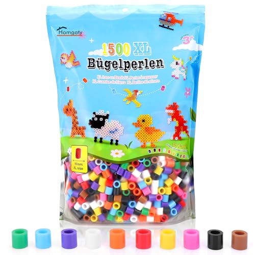 Homgaty Große 10mm Bügelperlen Set, 1500 Stück Bügelperlen XL, 10 Bunte Farben XL Bügelperlen Nachfüllpack, Kreatives Große Bügelperlen Set für Kinder ab 3 Jahren von Homgaty