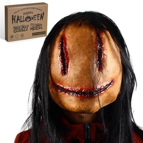 Homgaty Gruselige Halloween Maske mit Haaren, Horror Teufel Maske Naturlatex Stitching Weibliche Männer Geist Maske für Mottoparty, Cosplay, Horror Challenge Spiele von Homgaty