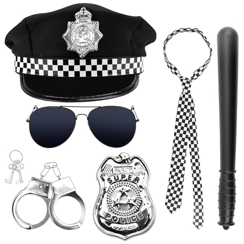 Homgaty Polizei Kostüm für Damen und Herren, Polizei Hut Krawatten Handschellen Sonnenbrille Abzeichen Schlagstock Halloween Karneval Polizist Detective Kostüm Zubehör Set für Cop Swat FBI von Homgaty