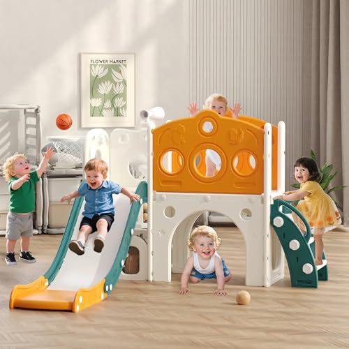 Hominewti Kinderrutsche, 8-in-1-Montessori Kinder Spielplatz mit Basketballkorb, Teleskop und Klettergerüst, Babyrutsche für Kleinkinder, Spielplatz für drinnen und draußen, Grün von Hominewti