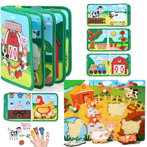 2 Stück Montessori Spielzeug Busy Board Ab 3 Monate Sensorik Motorikspielzeug Sensory Play Bauernhof Holzpuzzle Kinderspielzeug Sensorik Baby Geschenk Holzspielzeug Lange Autofahrt Flugreisen 1 jahr von Homorro
