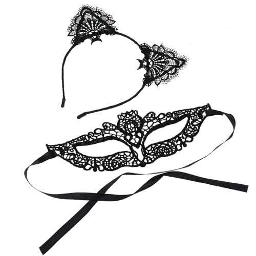 Homoyoyo 1 Satz Chic Katzenohren Haarreif Set mit Spitzenmaske Teiliges Kostümzubehör für Festivals Karneval und Bühnenaufführungen Wiederverwendbar Hochwertigem Material Gefertigt von Homoyoyo