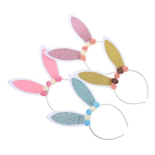 Homoyoyo 4 Stück Teiliges Hasenohren Haarreif mit Blumenmotiv Buntes Party Stirnband für Mädchen Bequemes Leichtes Kostümaccessoire für Karneval Ostern Weihnachten und Festivitäten von Homoyoyo