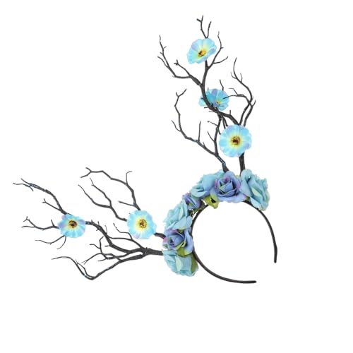 Homoyoyo Blauer Rosen haarreif mit Hirschgeweih und Blumen Originelles Festival party kopfschmuck accessoire für Erwachsene Einzigartiges Kostüm headband für Karneval und Bühnenauftritte von Homoyoyo
