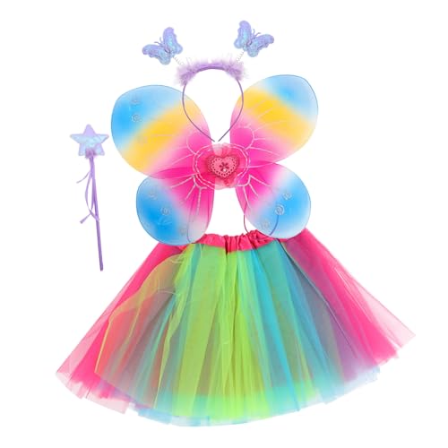 Homoyoyo Buntes Feenkostüm Set für Mädchen mit Schmetterlingsflügeln Tüll Tutu Rock Zauberstab und Kopfband Leichtes Atmungsaktives Halloween Party Kleidungsset für Karneval und Mottofeiern von Homoyoyo