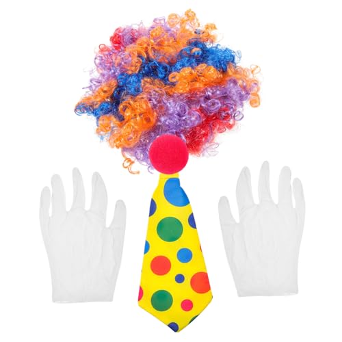 Homoyoyo Clown Kostüm Set Teilig mit Bunter Perücke Roter Schaumstoffnase Fliege Handschuhen für Halloween Karneval Fasching Party Zubehör von Homoyoyo