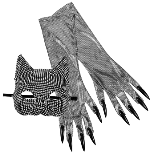 Homoyoyo Halloween Cat Cosplay mit Strasssteinen Masquerade Maske und Eleganten Handschuhen für Erwachsene Party Maskerade Kostüm Zubehör von Homoyoyo