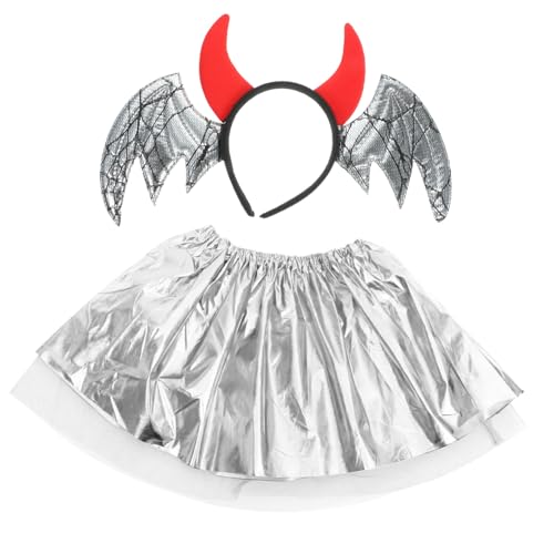 Homoyoyo Halloween Teufelshörner Haarreif mit Fledermausflügeln Silbernes Cosplay Set mit Kurzem Rock Atmungsaktiv und Bequem für Kostüm und Mottopartys Homoyoyo Halloween Teufelshörner Haarreif mit Fledermausflügeln Silbernes Cosplay Set mit Kurzem Rock Atmungsaktiv und Bequem für Kostüm und Mottopartys von Homoyoyo