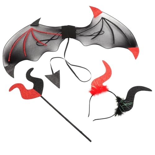Homoyoyo Halloweendeko Teufel Kostüm Set mit Hörner Stirnband Stab und Flügeln Teiliges Rot Schwarzes Cosplay Zubehör für Karneval Themenpartys und Halloween Verkleidung von Homoyoyo