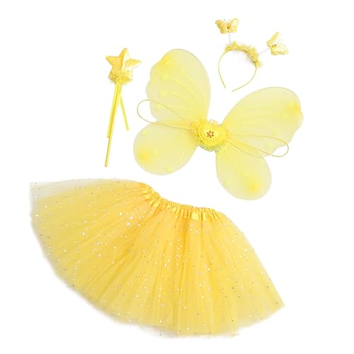 Homoyoyo Mädchenkostüm Schmetterlingsflügel Set Teilig Pailletten Tüllrock mit Engelsstab Haarreif Gelb für Party Bühne Cosplay Fest von Homoyoyo
