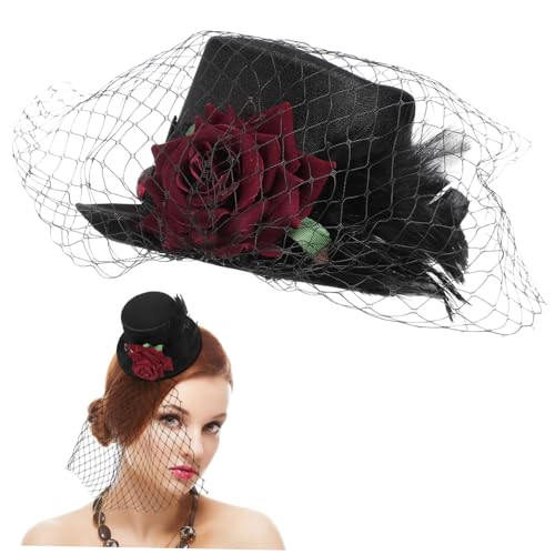 Homoyoyo Vintage Stil Rot Mesh Hut für Erwachsene für Halloween Karneval und Partydekoration Leicht und Elegant Mit Blumenhaarnadel und Haarnadel von Homoyoyo