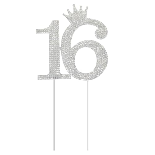 Honbay 1 x Tortenaufsatz mit Prinzessinnenkrone, 16 Stück, hochwertige glitzernde Kristall-Strasssteine, Kuchendekoration für den 16. Geburtstag (Silber) von Honbay