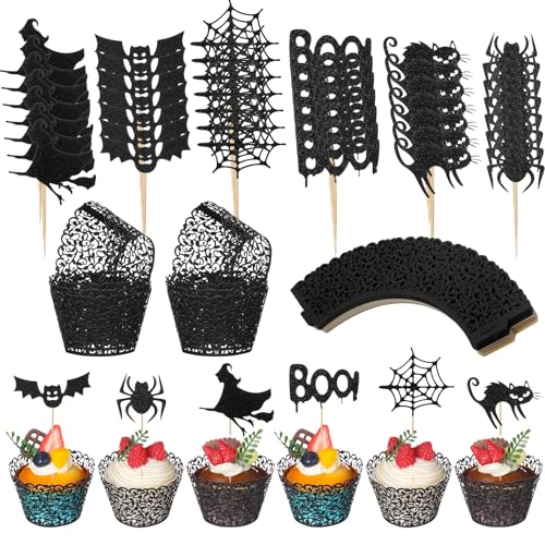Honeydak 120-teiliges Halloween-Cupcake-Förmchen und -Aufsätze-Set, 60 künstlerische Cupcake-Förmchen, lasergeschnittener Einsatz und 60 Fledermaus-Geist-Hexen-Kuchenaufsätze, Glitzer für Honeydak 120-teiliges Halloween-Cupcake-Förmchen und -Aufsätze-Set, 60 künstlerische Cupcake-Förmchen, lasergeschnittener Einsatz und 60 Fledermaus-Geist-Hexen-Kuchenaufsätze, Glitzer für von Honeydak