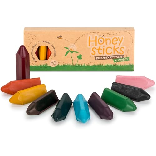 Honeysticks Dreieckige Wachsmalstifte (10er-Pack) - Wachsmalstifte Ab 1 Jahr, Baby Malstifte aus Bienenwachs, Dreieckige Form, Leicht zu Greifen, Ungiftig, Umweltschonend, Handgemacht aus Neuseeland von Honeysticks