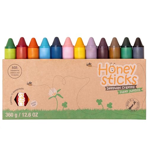 Honeysticks Super Jumbo Buntstifte (12er-Pack) – Wachsmalstifte Ab 2 Jahre, Wachsmalstifte Baby Ungiftig, Leuchtende Farben, Unzerbrechlich, Extra Groß, aus Natürlichem Bienenwachs, Umweltschonend von Honeysticks