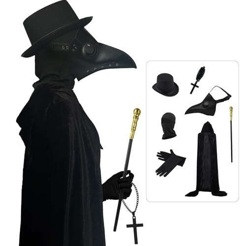 Pest Doktor Maske Requisiten Halloween Kostüme Set 7 in 1, Lange Nase Schnabel Maske, Hut, Zepter, Kapuzenmantel, Halskette, Handschuhe und Balaclava für Halloween Kostüm Party von HongFuFu