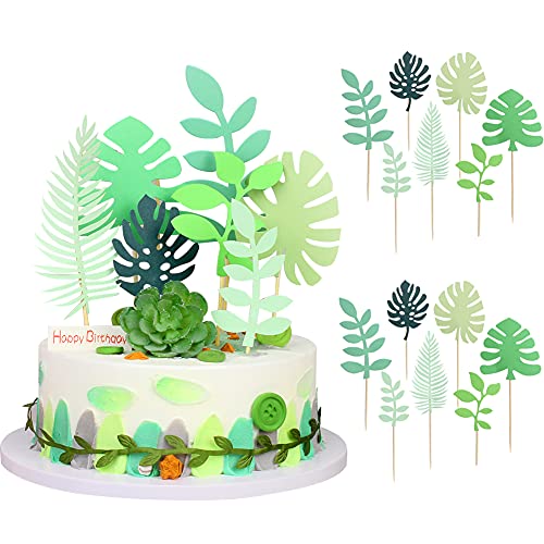 Dinosaurier Tortendeko, Hawaii-Thema-Grün-Blätter Cupcake Toppers, Tropische Kuchen Topper, Dinosaurier Torten Deko, für Baby Happy Birthday Tortendeko Dusche Deko (14 PCS) von Formemory