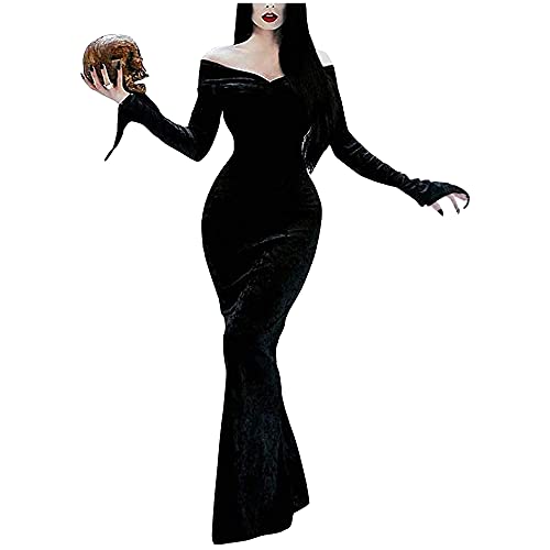 Hongsuny Damen Morticia Addams Kostüm Gothic Morticia Addams Bodenkleid Sexy V-Ausschnitt Schlankes Maxikleid Halloween Karneval Party Cosplay Kostüme von Hongsuny