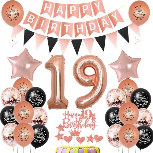 Hongyantech 19. Geburtstag Dekoration, rosegold & Schwarz, Happy Birthday Banner, Ballons, Tortendeko & Girlanden Hongyantech 19. Geburtstag Dekoration, rosegold & Schwarz, Happy Birthday Banner, Ballons, Tortendeko & Girlanden von Hongyantech