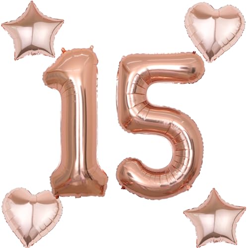 2 Luftballons Zahl 15 rosegold+4 pcs herz/stern Folienballon 15 .Geburtstag Deko mädchen rosegold ,40" Luftballons 15 .geburtstagsdeko mädchen 15 jahre,ballon 15. geburtstag deko (rosegold 15) von Hongyantech