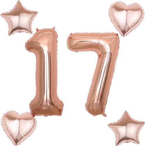2 Luftballons Zahl 17 rosegold+4 pcs herz/stern Folienballon 17 .Geburtstag Deko mädchen rosegold ,40" Luftballons 17 .geburtstagsdeko mädchen 17 jahre,ballon 17. geburtstag deko (rosegold 17) von Hongyantech