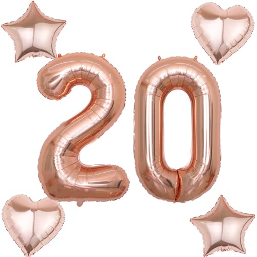 2 Luftballons Zahl 20 rosegold+4 pcs herz/stern Folienballon 20 .Geburtstag Deko frau rosegold,40" Luftballons 20 .geburtstagsdeko frauen 20 jahre,ballon 20. geburtstag deko frau(rosegold 20) von Hongyantech