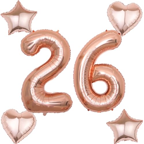 2 Luftballons Zahl 26 rosegold+4 pcs herz/stern Folienballon 26 .Geburtstag Deko frau rosegold,40" Luftballons 26 .geburtstagsdeko frauen 26 jahre,ballon 26. geburtstag deko frau (rosegold 26) von Hongyantech