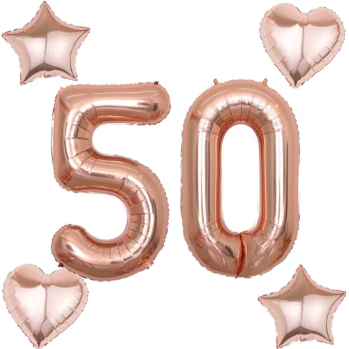 2 Luftballons Zahl 50 rosegold+4 pcs herz/stern Folienballon 50 .Geburtstag Deko frau rosegold ,40" Luftballons 50 .geburtstagsdeko frauen 50 jahre,ballon 50. geburtstag deko frau(rosegold 50) von Hongyantech