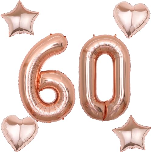 2 Luftballons Zahl 60 rosegold+4 pcs herz/stern Folienballon 60 .Geburtstag Deko frau rosegold ,40" Luftballons 60 .geburtstagsdeko frauen 60 jahre,ballon 60. geburtstag deko frau(rosegold 60) von Hongyantech