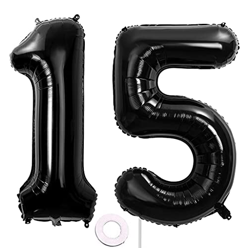 40 Zoll Luftballons Zahle 15 jahre Geburtstag deko Schwarz XXL 100cm Zahlenballon 15 Schwarz Nummer Riesen Folienballon 15 BallonZahl 15 Heliumballon Luftballons 15 Geburtstag Deko Mädchen Junge (15) von Hongyantech