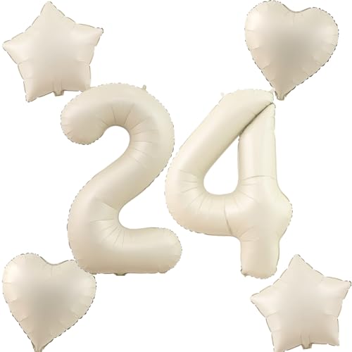 Beige Luftballons Zahl 24+4 pcs herz/stern Folienballon Zahl 24 .Geburtstag frau mädchen,40" Riesenzahl Ballons 24 .geburtstagsdeko mann,Zahlenballon 24, Helium Ballons 24 Zahlen Luftballon von Hongyantech