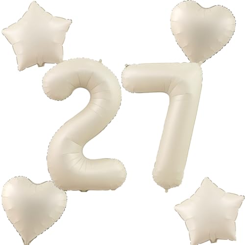 Beige Luftballons Zahl 27+4 pcs herz/stern Folienballon Zahl 27 .Geburtstag frau mädchen,40" Riesenzahl Ballons 27 .geburtstagsdeko mann,Zahlenballon 27, Helium Ballons 27 Zahlen Luftballon von Hongyantech