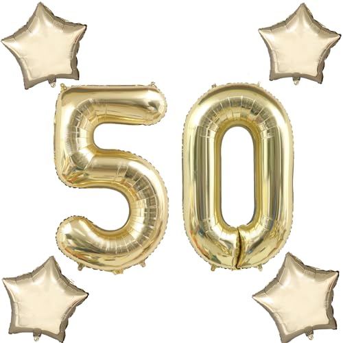 Blasses Gold Luftballons Zahl 50+4 pcs stern Folienballon Zahl 50 .Geburtstag frau mädchen,50" Riesenzahl Ballons 50 .geburtstagsdeko mann,Zahlenballon 50, Helium Ballons 50 Zahlen Luftballon von Hongyantech