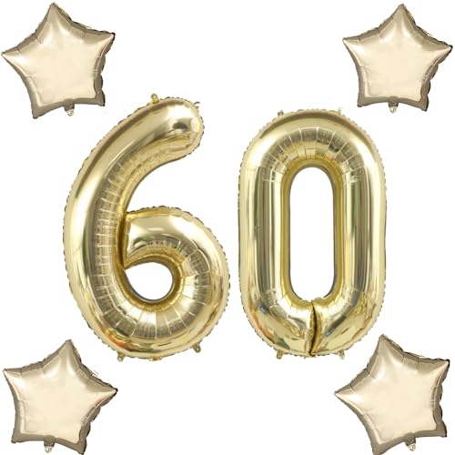 Blasses Gold Luftballons Zahl 60+4 pcs stern Folienballon Zahl 60 .Geburtstag frau mädchen,60" Riesenzahl Ballons 60 .geburtstagsdeko mann,Zahlenballon 60, Helium Ballons 60 Zahlen Luftballon von Hongyantech