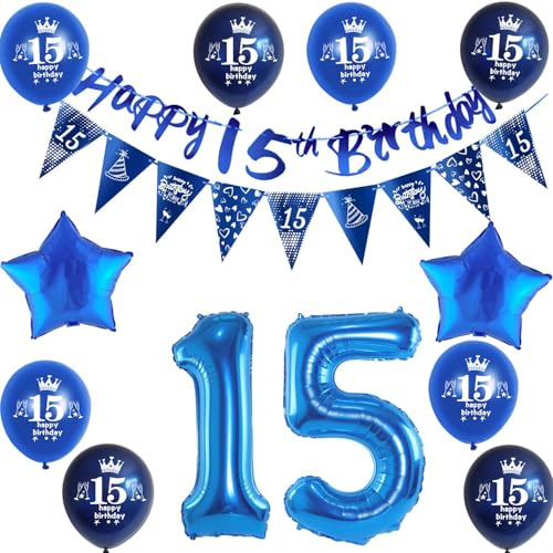 Blau Girlande 15 geburtstag Banner + Dreiecksflaggen + Luftballons Zahl 15 +8 pcs 15 Geburtstag ballons 15 Geburtstag deko für junge,deko 15. Geburtstag junge geburtstagsdeko 15 jahre junge von Hongyantech