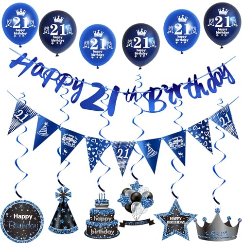 Blau Girlande 21 geburtstag Banner + Dreiecksflaggen + Geburtstag Hängedeko + 6 pcs 21 Geburtstag Luftballons 21 Geburtstag deko für mann,deko 21. Geburtstag mann geburtstagsdeko 21 jahre männer von Hongyantech