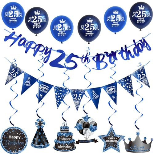 Blau Girlande 25 geburtstag Banner + Dreiecksflaggen + Geburtstag Hängedeko + 6 pcs 25 Geburtstag Luftballons 25 Geburtstag deko für mann,deko 25. Geburtstag mann geburtstagsdeko 25 jahre männer von Hongyantech