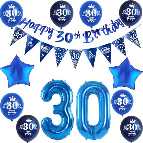 Blau Girlande 30 geburtstag Banner + Dreiecksflaggen + Luftballons Zahl 30 +8 pcs 30 Geburtstag ballons 30 Geburtstag deko für mann,deko 30. mann geburtstagsdeko 30 jahre männer von Hongyantech