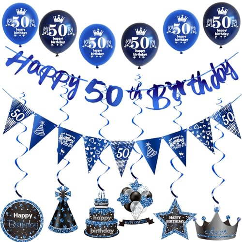 Blau Girlande 50 geburtstag Banner + Dreiecksflaggen + Geburtstag Hängedeko + 6 pcs 50 Geburtstag Luftballons 50 Geburtstag deko für mann,deko 50. Geburtstag mann geburtstagsdeko 50 jahre männer von Hongyantech