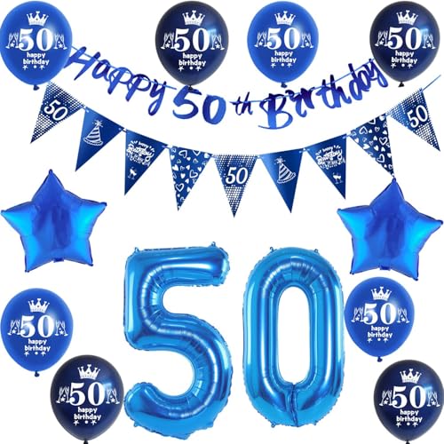 Blau Girlande 50 geburtstag Banner + Dreiecksflaggen + Luftballons Zahl 50 +8 pcs 50 Geburtstag ballons 50 Geburtstag deko für mann,deko 50. Geburtstag mann geburtstagsdeko 50 jahre männer von Hongyantech