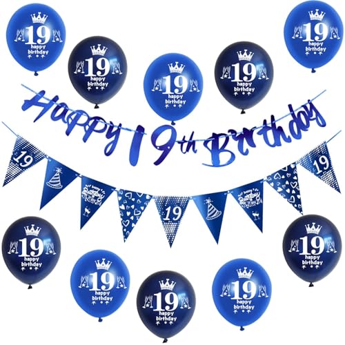 Blau Girlande Happy 19th Birthday Banner + 19 Geburtstag Dreiecksflaggen + 19 pcs 19 Geburtstag luftballons 19 Geburtstag deko für jungen,deko 19. Geburtstag jungen geburtstagsdeko 19 jahre junge von Hongyantech