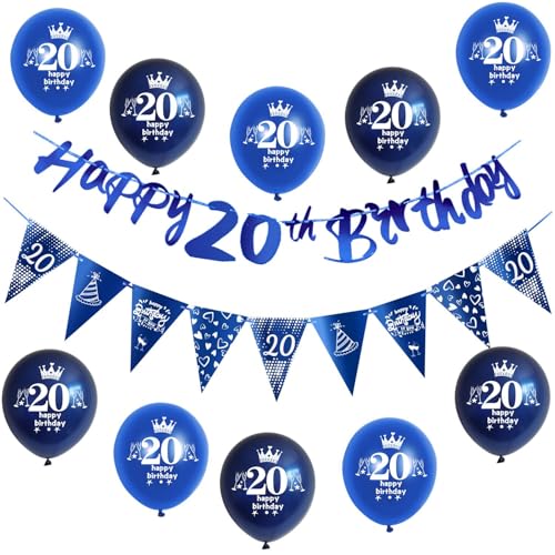 Blau Girlande Happy 20th Birthday Banner + 20 Geburtstag Dreiecksflaggen + 20 pcs 20 Geburtstag luftballons 20 Geburtstag deko für mann,deko 20. Geburtstag mann geburtstagsdeko 20 jahre männer von Hongyantech